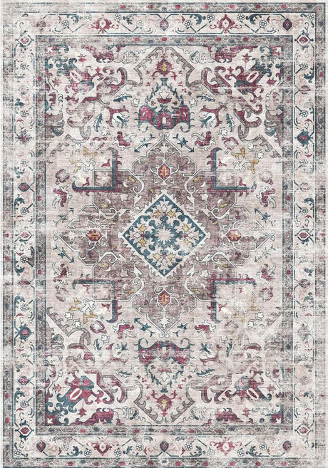Elegant patterned washable rug with intricate floral designs in muted colours for home decor