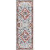 Elegant washable rug with intricate floral patterns in soft blue and red tones, perfect for hallways