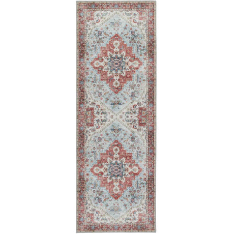 Elegant washable rug with intricate floral patterns in soft blue and red tones, perfect for hallways