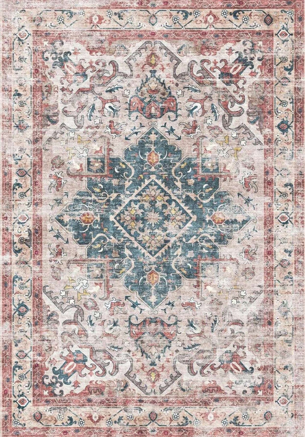 Elegant vintage design washable rug with intricate patterns in blue and red hues