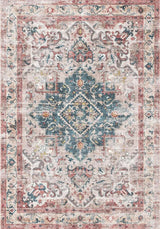 Elegant vintage design washable rug with intricate patterns in blue and red hues