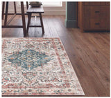 Traditional pattern washable rug in soft colours for adding elegance to any room