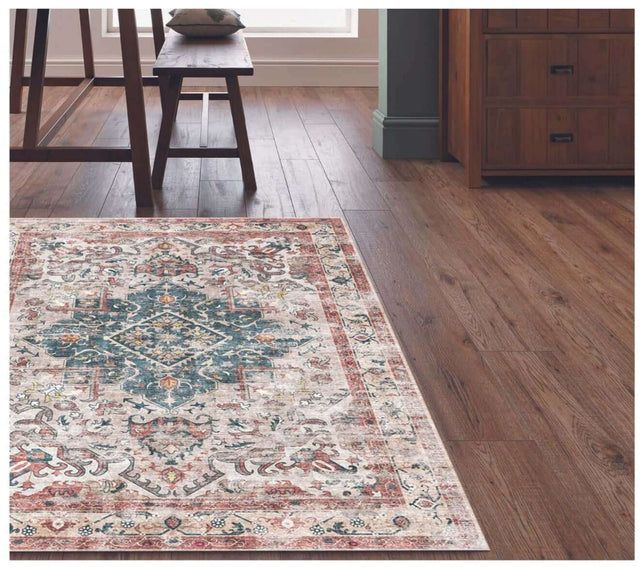 Traditional pattern washable rug in soft colours for adding elegance to any room