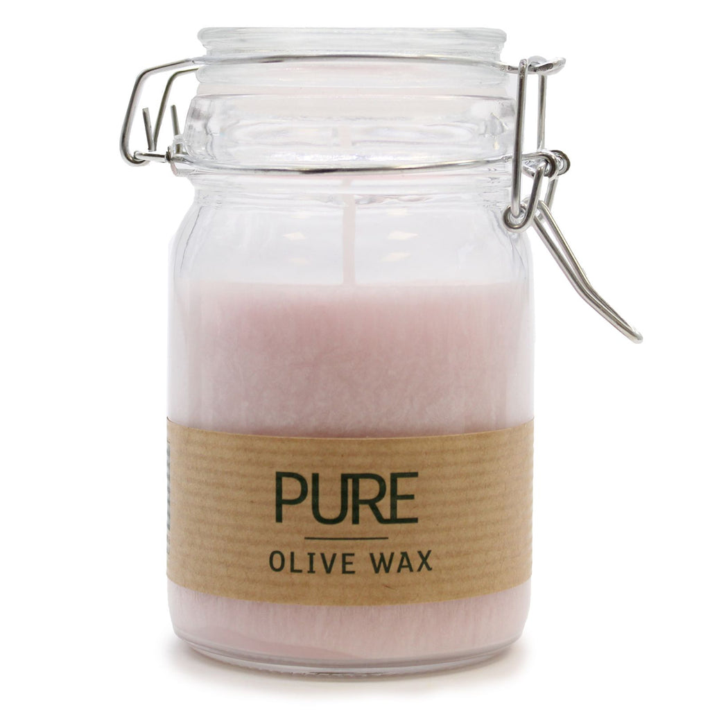 Pure Olive Wax Candle in a glass jar with a metal lid, perfect for creating a calming atmosphere