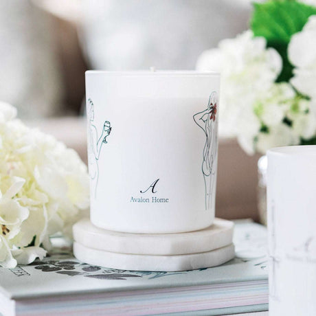 Avalon Home UK Wax Glass Candle with elegant design and floral decor for a soothing atmosphere