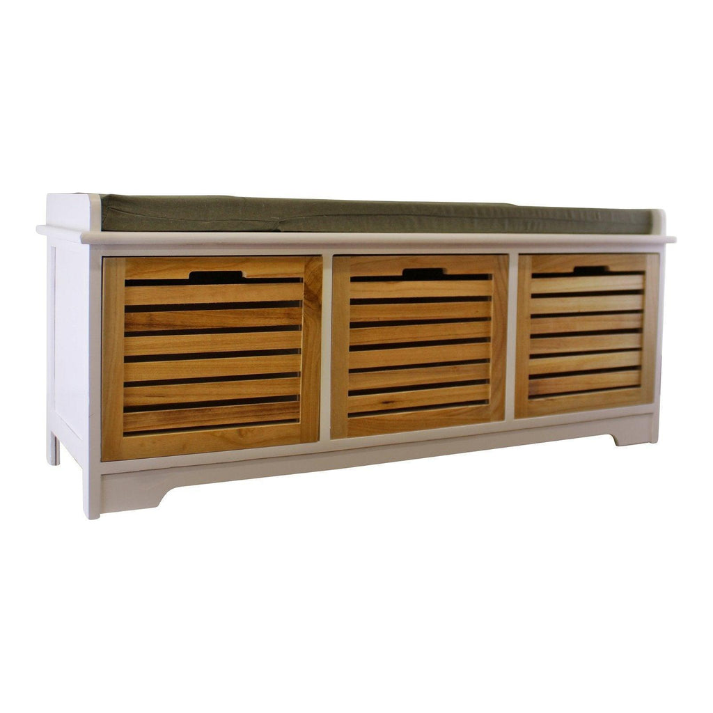 White & Natural 3 Drawer Storage Bench With Grey Cushion Geko Products