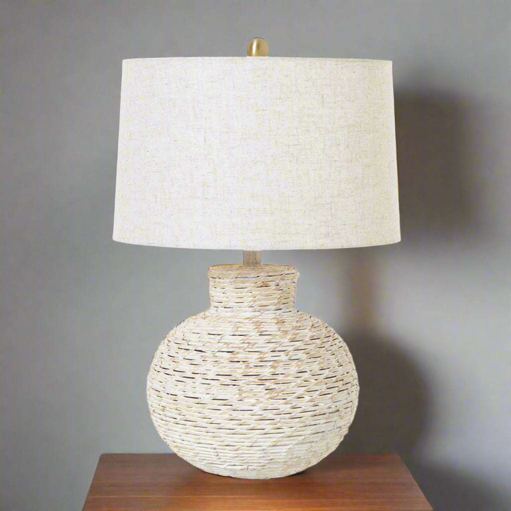 White Wash Bulbous Wicker Table Lamp With Linen Shade BROWN WICKER Shades 4 Seasons