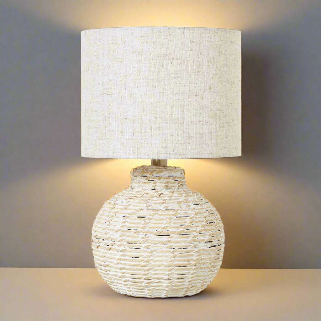 White Wash Small Bulbous Wicker Table Lamp With Linen Shade BROWN WICKER Shades 4 Seasons