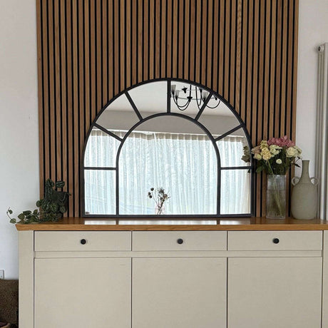 Jobu Home Window Mirror with an Elegant Arched Design Above a Stylish Sideboard