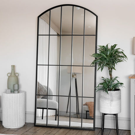 Jobu Home Window Mirror with an Arched Top and Decorative Grid Design for Modern Interiors