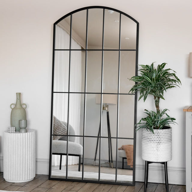 Jobu Home Window Mirror with an Arched Top and Decorative Grid Design for Modern Interiors