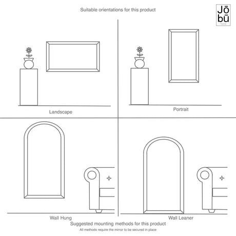 Jobu Home Window Mirror in various orientations including landscape, portrait, wall hung, and wall leaner