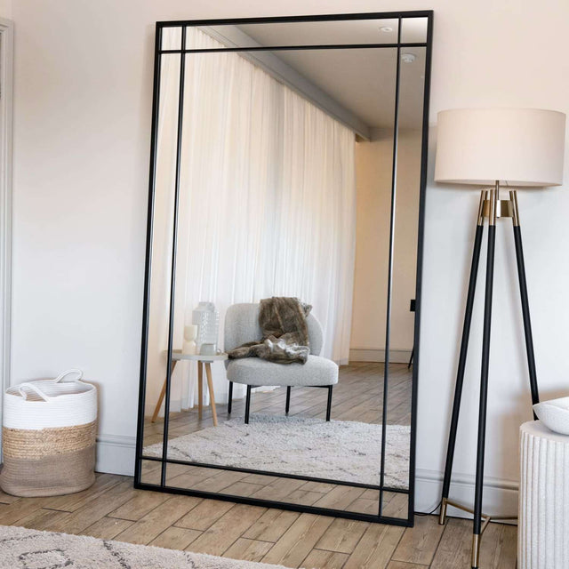 Jobu Home Window Mirror with a sleek black frame, ideal for modern interiors