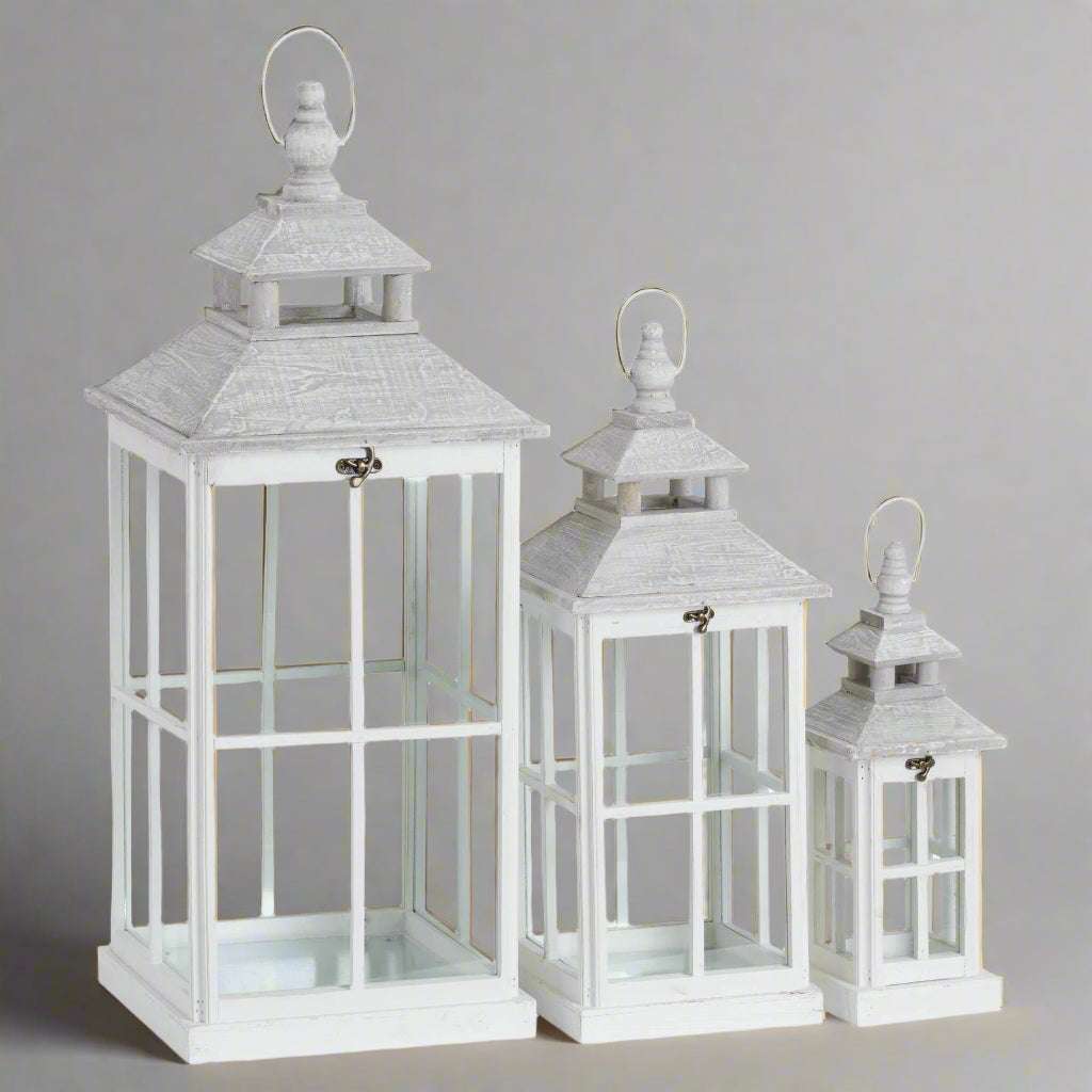 Set Of 3 White Window Style Lanterns With Open Top WHITE GLASS Shades 4 Seasons