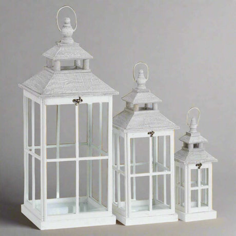 Set Of 3 White Window Style Lanterns With Open Top WHITE GLASS Shades 4 Seasons
