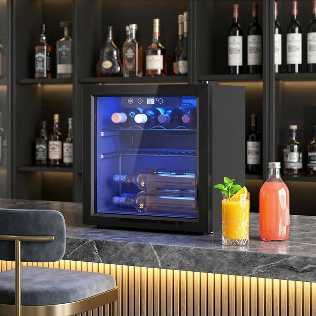 Wise Galleria Wine Cooler showcasing bottles with blue interior lighting, perfect for chilling your favourite wines
