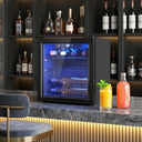 Wise Galleria Wine Cooler showcasing bottles with blue interior lighting, perfect for chilling your favourite wines