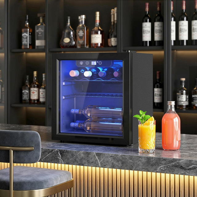 Wise Galleria Wine Cooler showcasing bottles with blue interior lighting, perfect for chilling your favourite wines