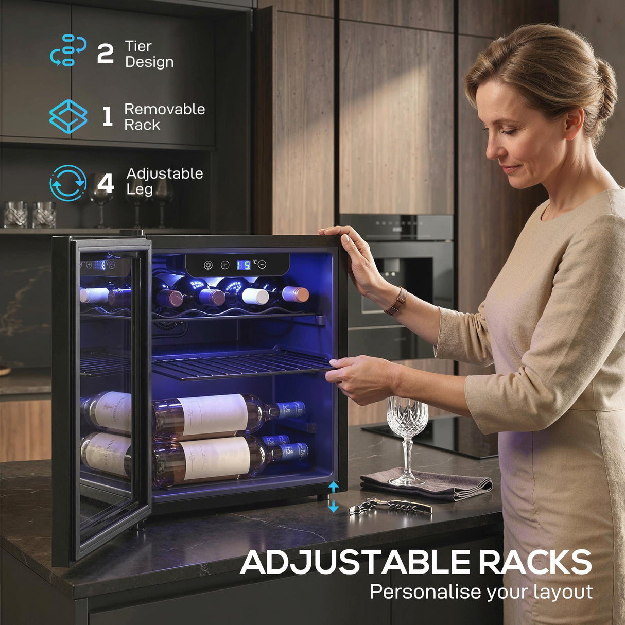Wise Galleria Wine Cooler with two-tier design and adjustable racks for personalised storage
