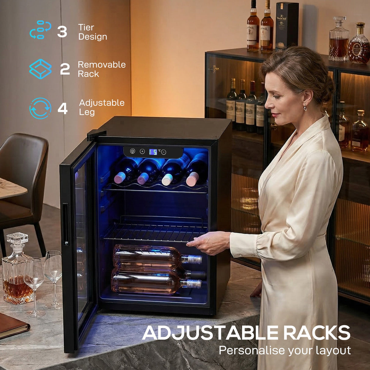 Wise Galleria Wine Cooler with 3 Tier Design and Adjustable Racks for Custom Layout