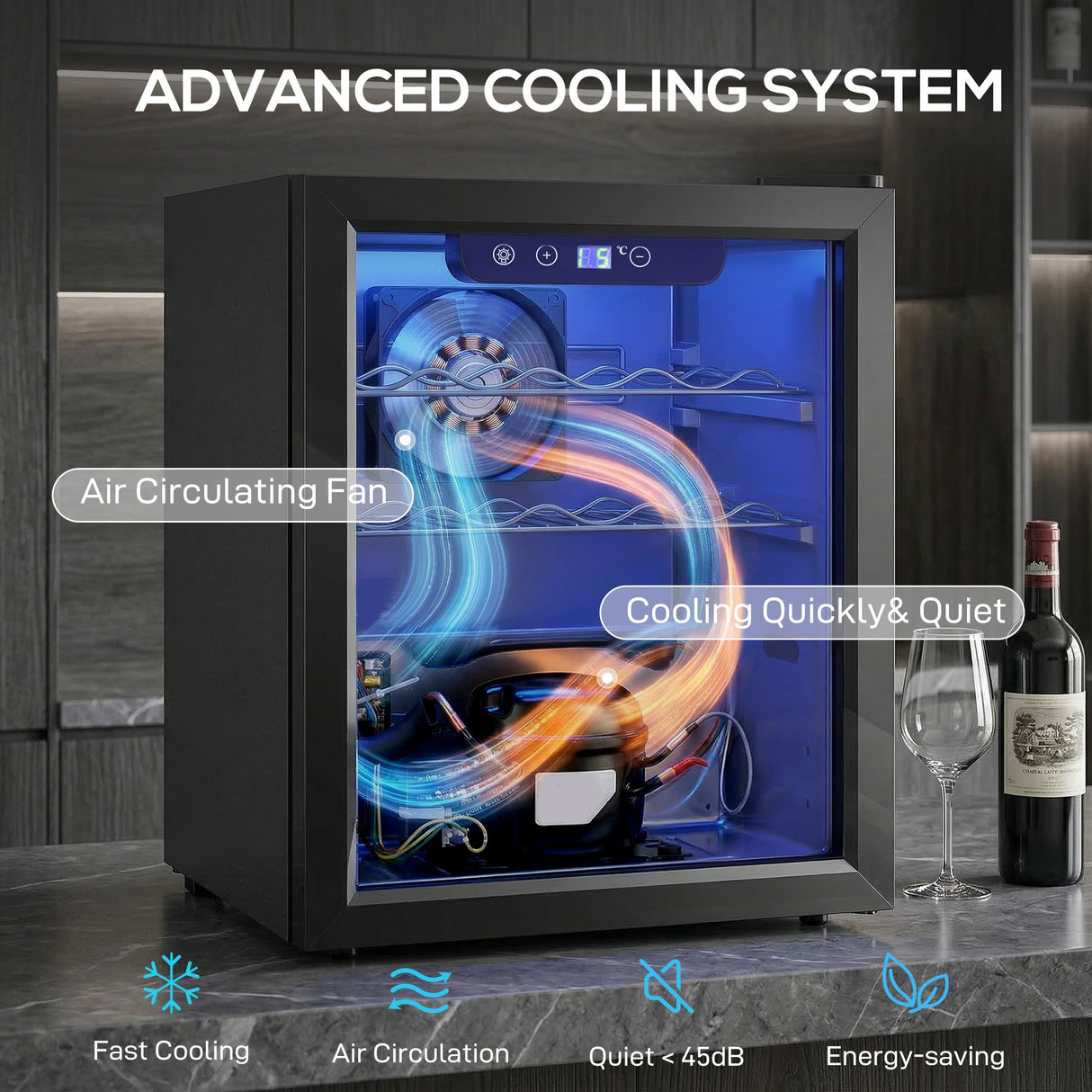 Wine Cooler with advanced cooling system featuring air circulation and quiet operation for optimal temperature control