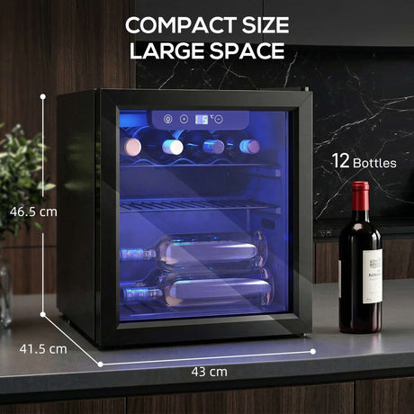 Wise Galleria Wine Cooler with compact size, holds 12 bottles and features a stylish glass door