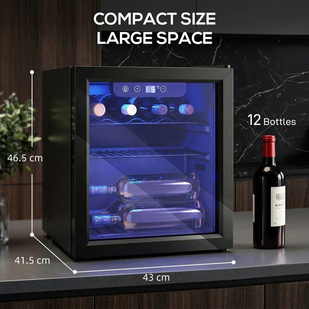 Wise Galleria Wine Cooler with compact size, holds 12 bottles and features a stylish glass door
