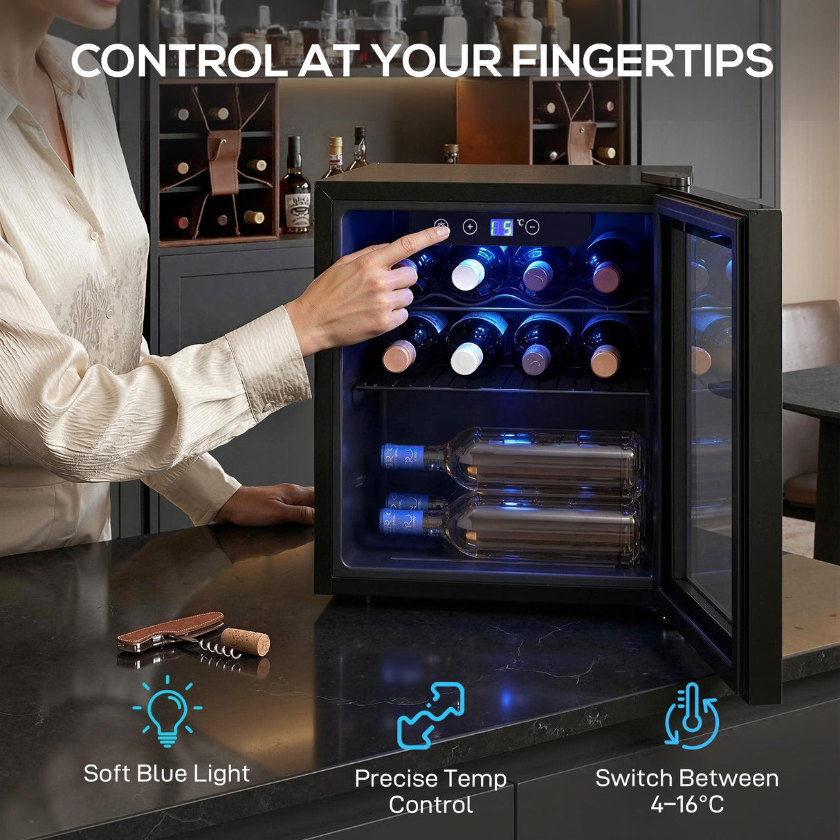 Wise Galleria Wine Cooler with blue light and precise temperature control for optimal wine storage
