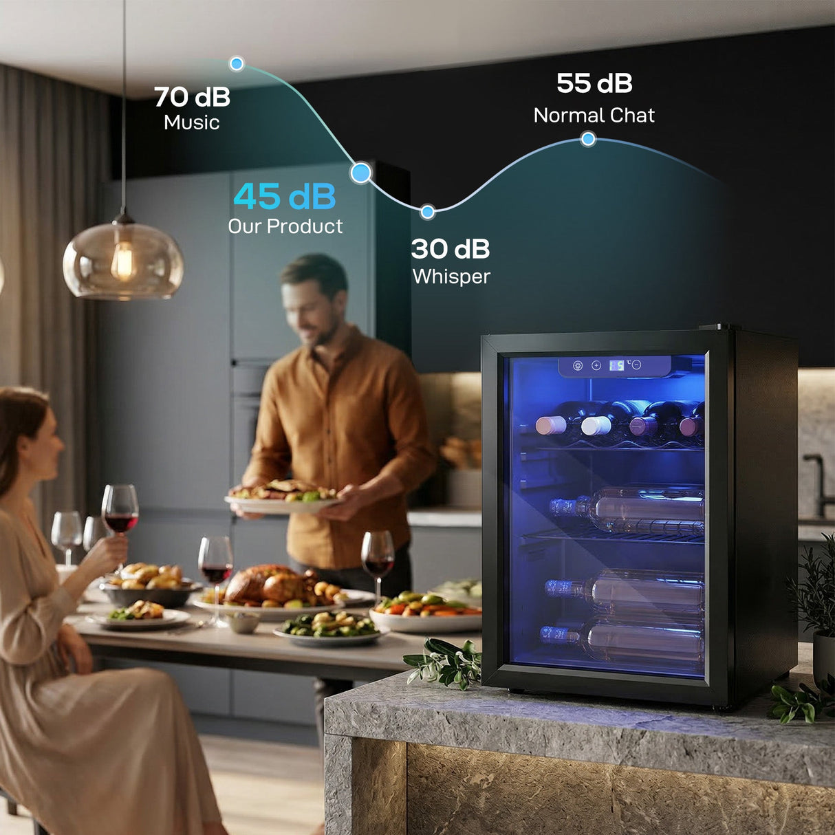 Wise Galleria Wine Cooler with sleek design showcasing wine bottles in a stylish kitchen setting