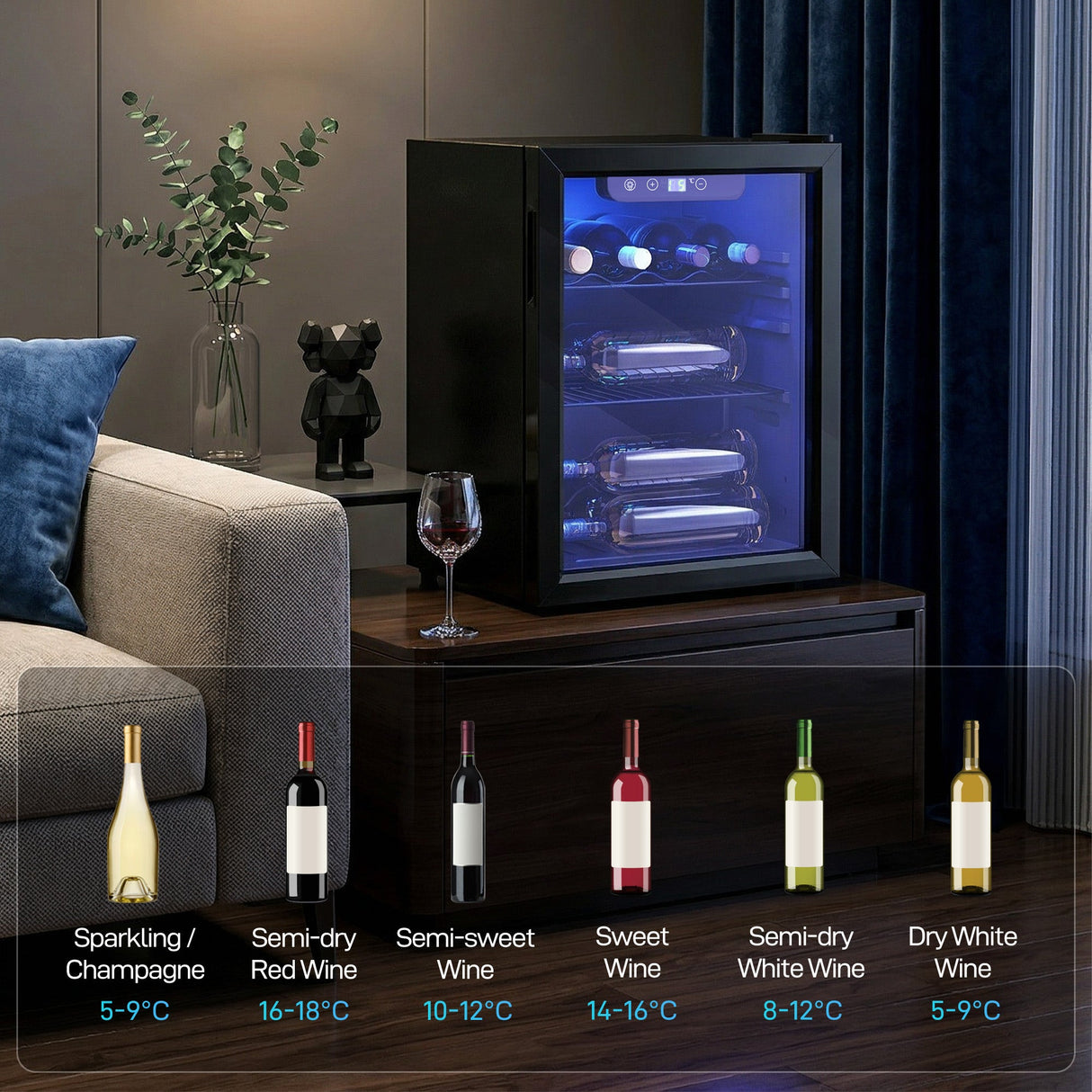 Wise Galleria Wine Cooler on a dark wooden table with wine bottles and a glass, showcasing temperature settings