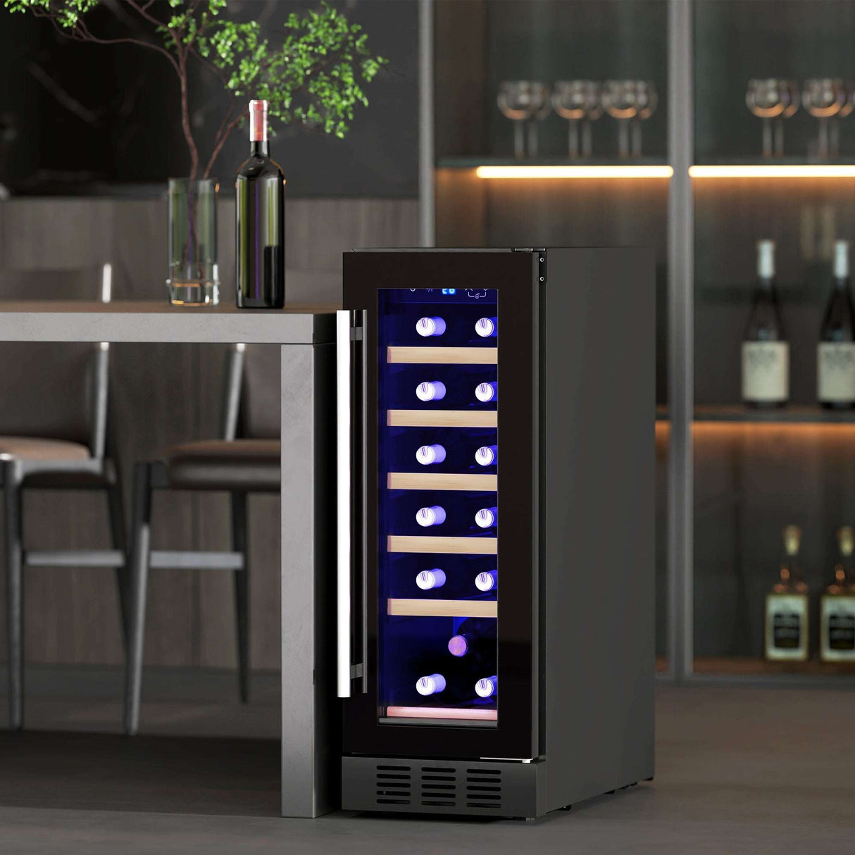 Wise Galleria Wine Fridge featuring adjustable shelves and LED interior lighting for optimal wine storage