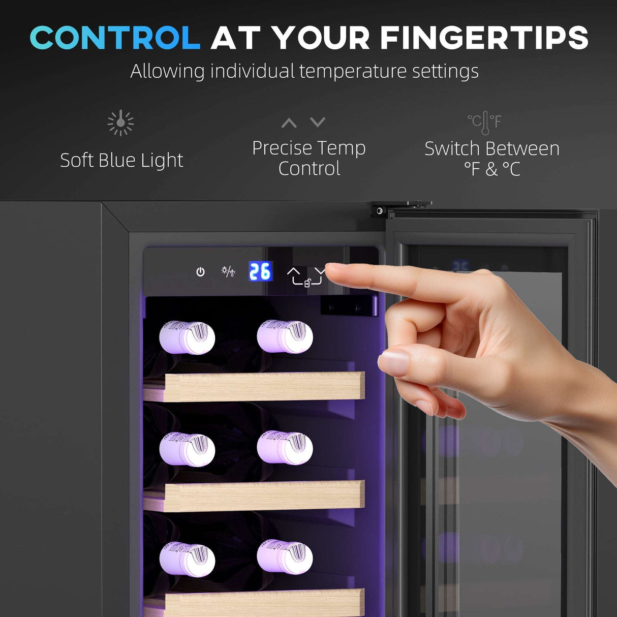 Wine Fridge with individual temperature control and soft blue light for optimal storage