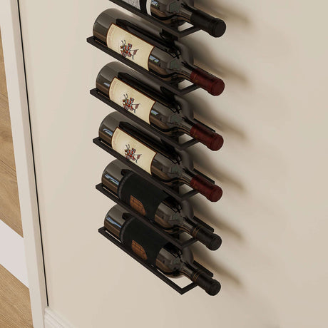 Wise Galleria Modern Wine Rack with six slots displaying various wine bottles on a wall