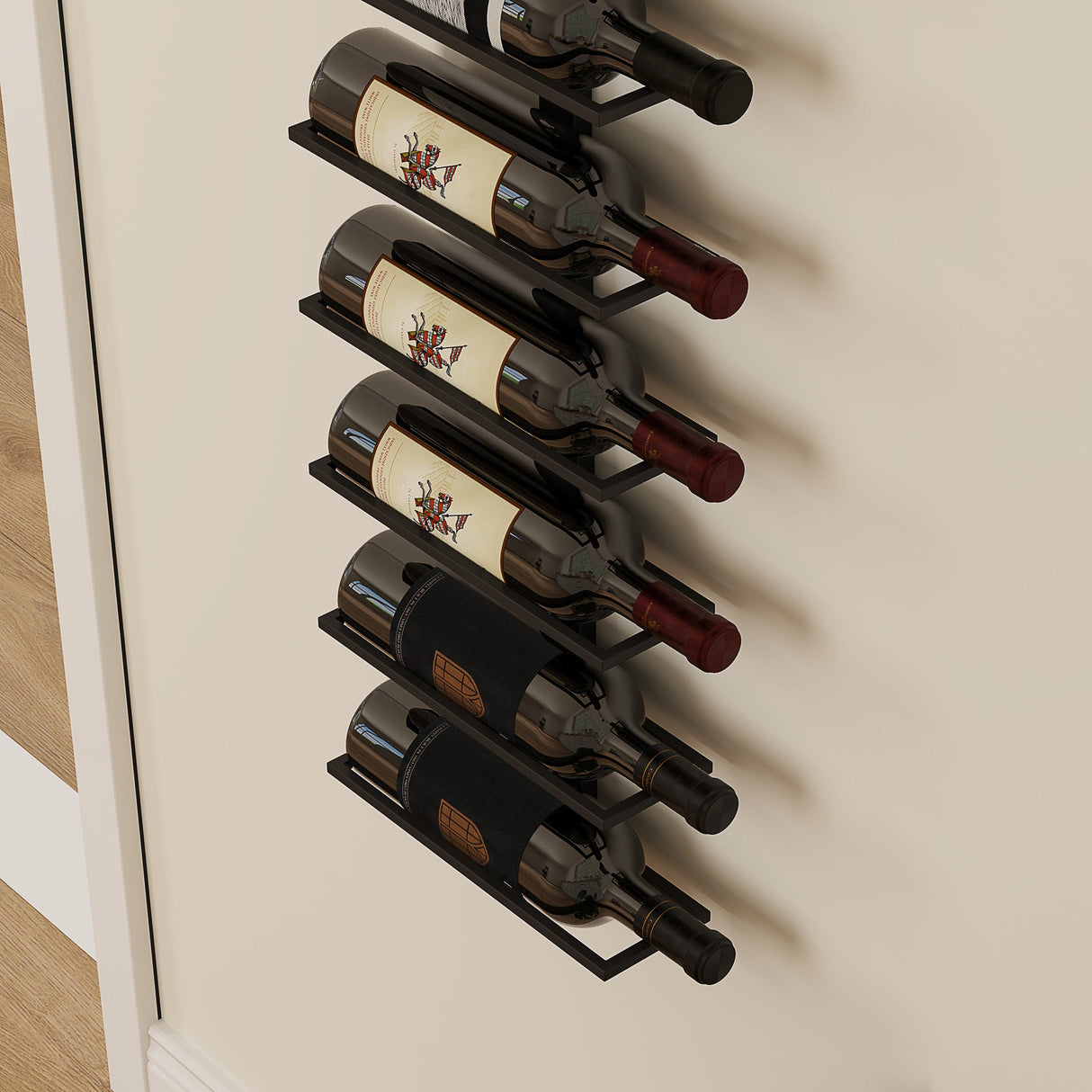 Wise Galleria Modern Wine Rack with six slots displaying various wine bottles on a wall