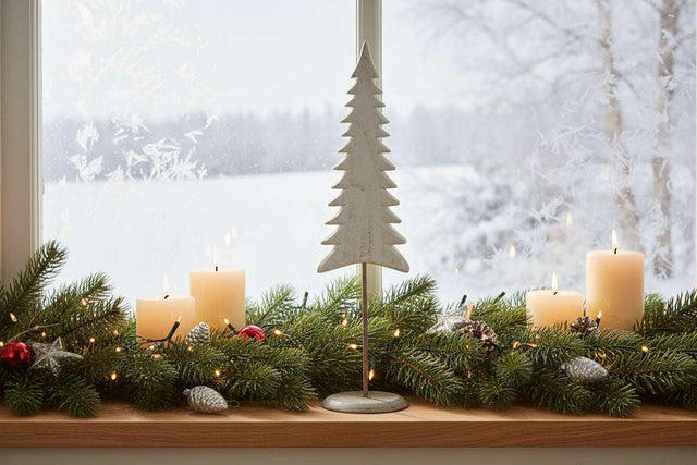 Elegant tree on stand decoration with white candles and festive greenery for Christmas room decor