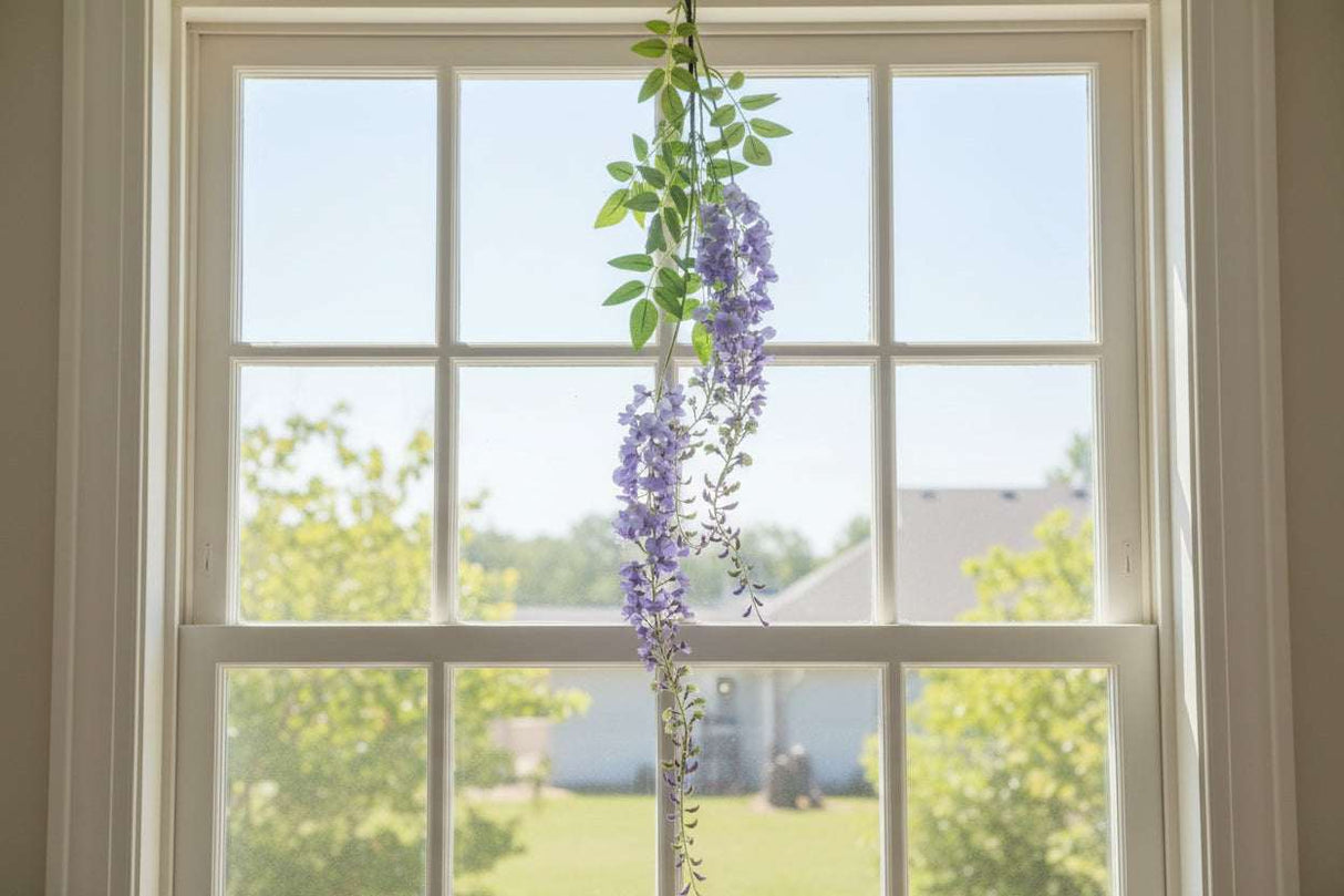 Artificial Wisteria Spray hanging in a sunny window, adding a touch of floral elegance to home decor