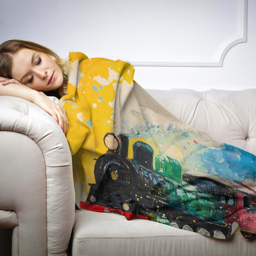 Colourful HOME ART HAVEN throw blanket featuring a vintage train design, perfect for cosy relaxation