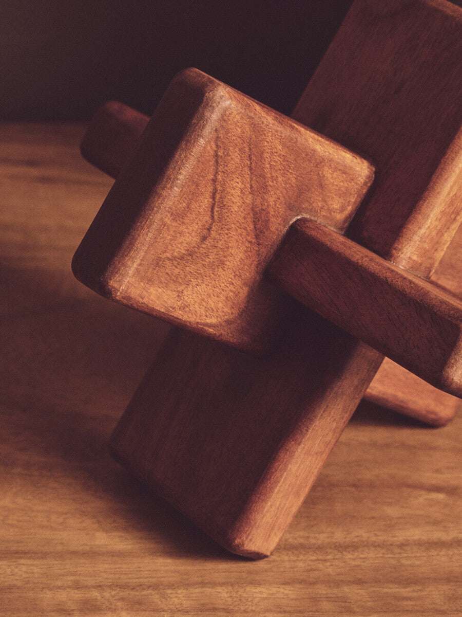 Orsina Wood Sculpture Crafted from Rich Brown Wood with Unique Geometric Design