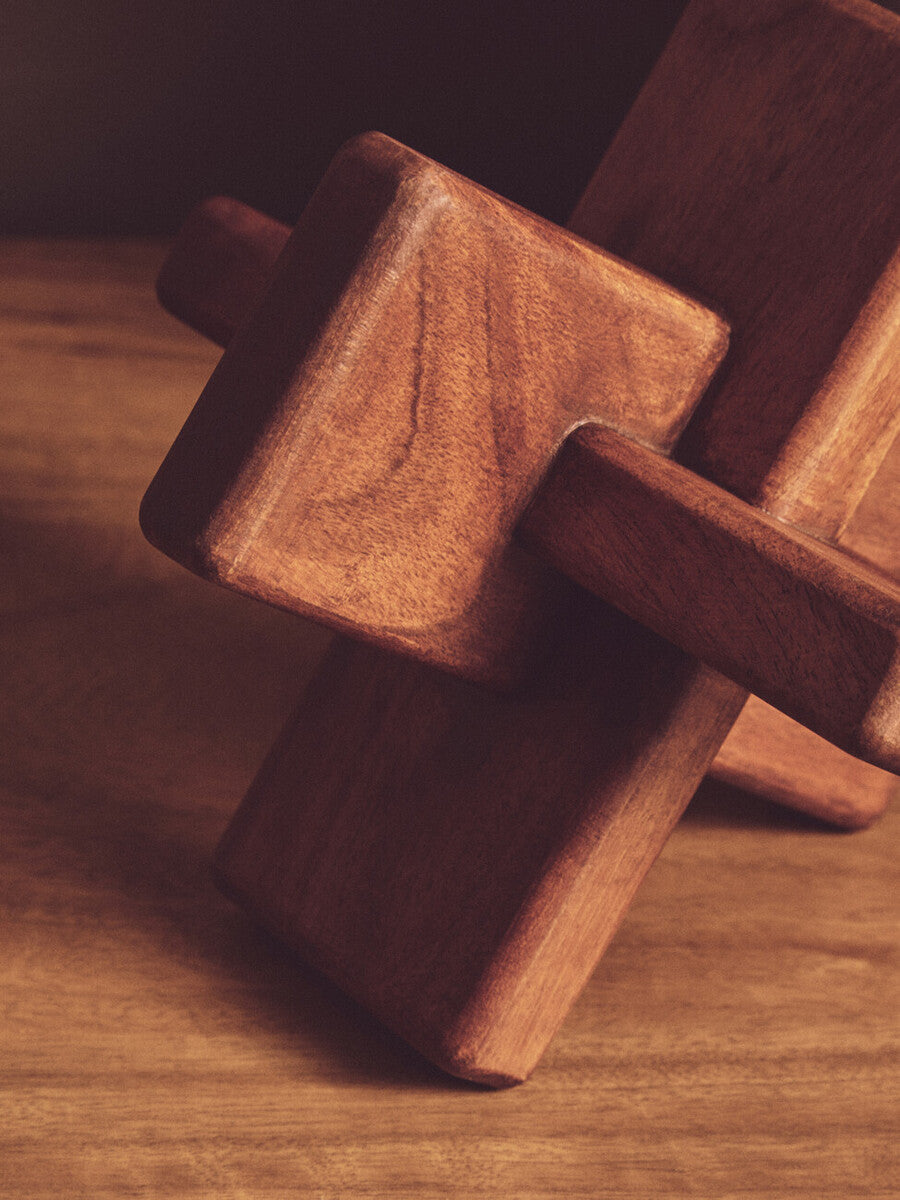 Orsina Wood Sculpture Crafted from Rich Brown Wood with Unique Geometric Design