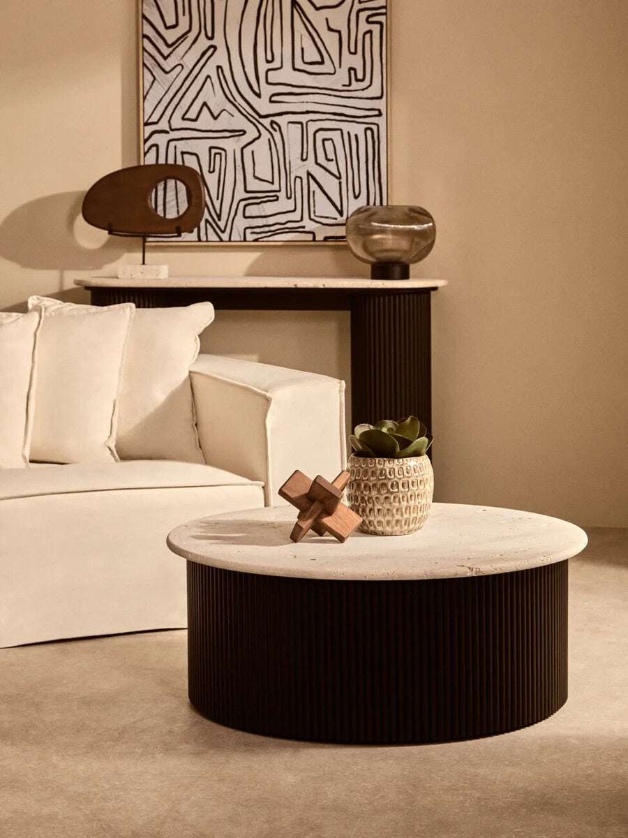 Elegant Wood Sculpture by Orsina displayed in a modern living room setting with stylish decor