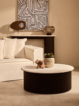 Elegant Wood Sculpture by Orsina displayed in a modern living room setting with stylish decor