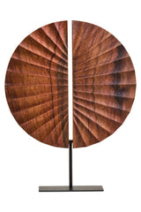 Orsina Wood Sculpture featuring a stylish round design with intricate layered texture on a metal stand