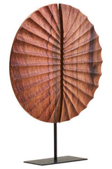 Orsina Wood Sculpture with a textured leaf design, elegantly mounted on a black metal base