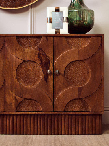 Siva Mango Wood Sideboard Natural Frame With Black Hammered Design Doors Orsina