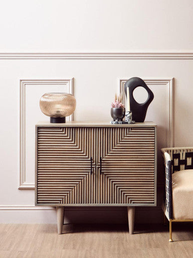 Satna Jute Black and White Design Mango Wood Sideboard Orsina