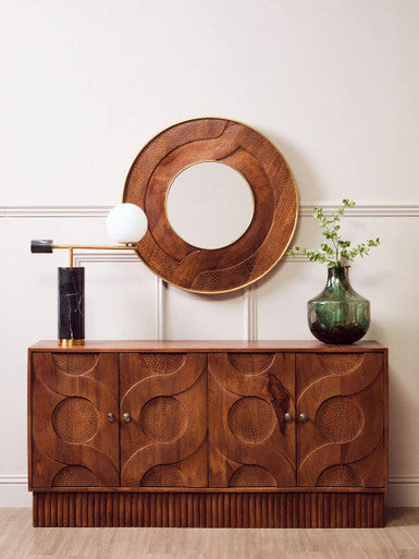 Siva Mango Wood Sideboard Natural Frame With Black Hammered Design Doors Orsina
