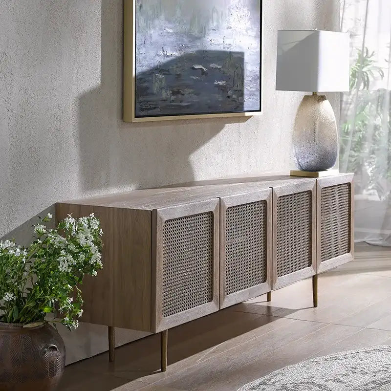 Nisu Home Stylish Wooden Cabinet with Decorative Rattan Doors for Modern Living Rooms