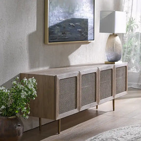 Nisu Home Stylish Wooden Cabinet with Decorative Rattan Doors for Modern Living Rooms