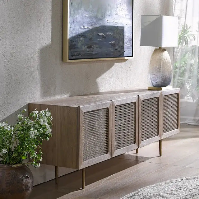Nisu Home Stylish Wooden Cabinet with Decorative Rattan Doors for Modern Living Rooms