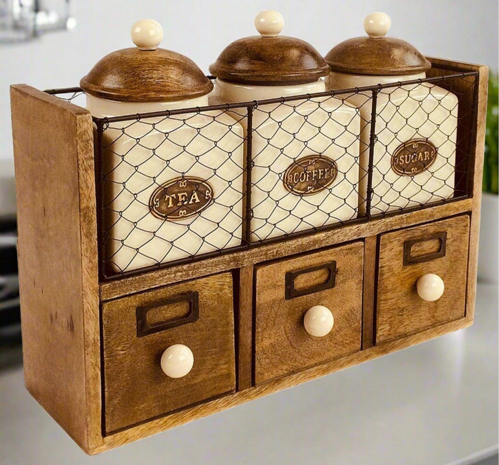 Wooden Cabinet With 3 Jars & Drawers Geko Products